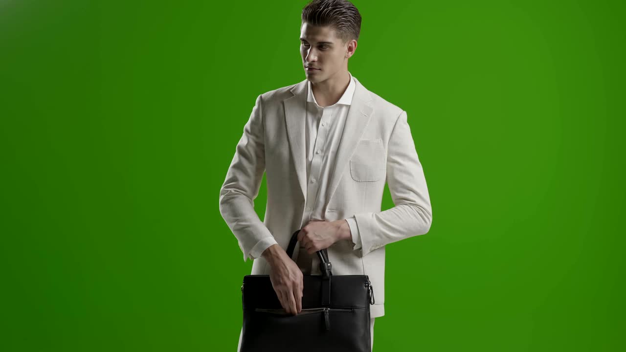 joven hombre de negocios guapo pantalla verde usando teléfono inteligente sonriendo tomando fotos selfie con el teléfono