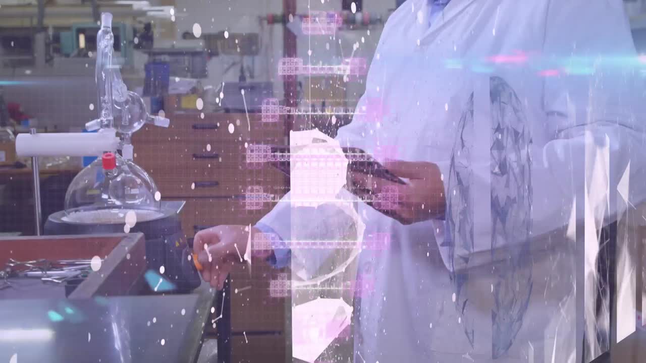 실험실에서 일하는 두 인종의 남성 과학자에 대한 dna 가닥과 연결 네트워크의 애니메이션