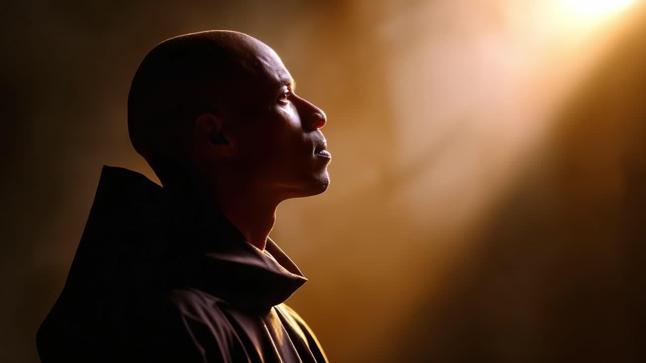 A contemplative figure stands in soft light, embodying serenity and introspection, immersed in a moment of reflection and connection with the surrounding atmosphere