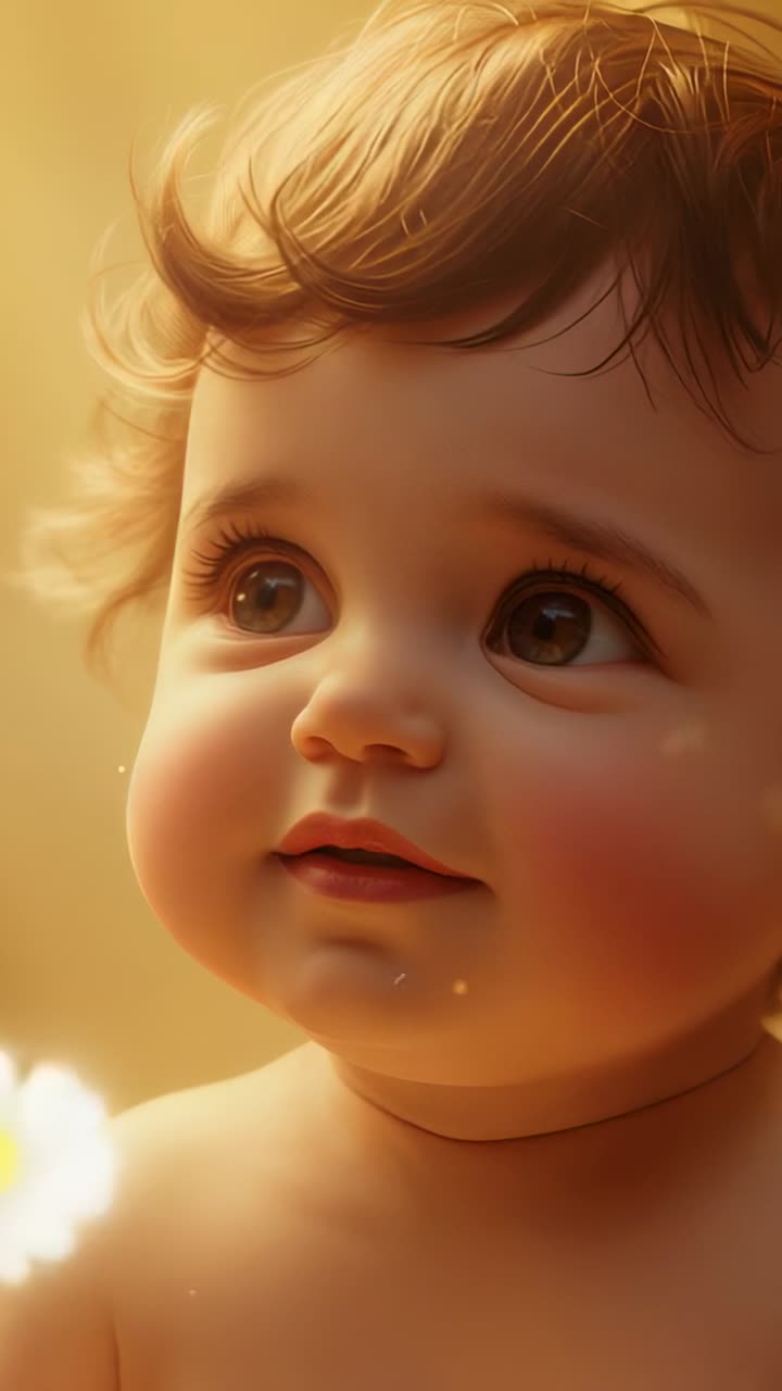 Vertical video: Watching infant tracking daisies drifting into frame in studio, showing necklace