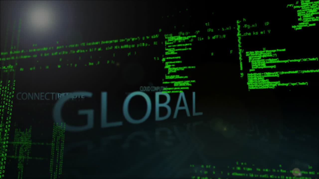 Servers fading triggers 3D labels moving through green code showing cloud computing process
