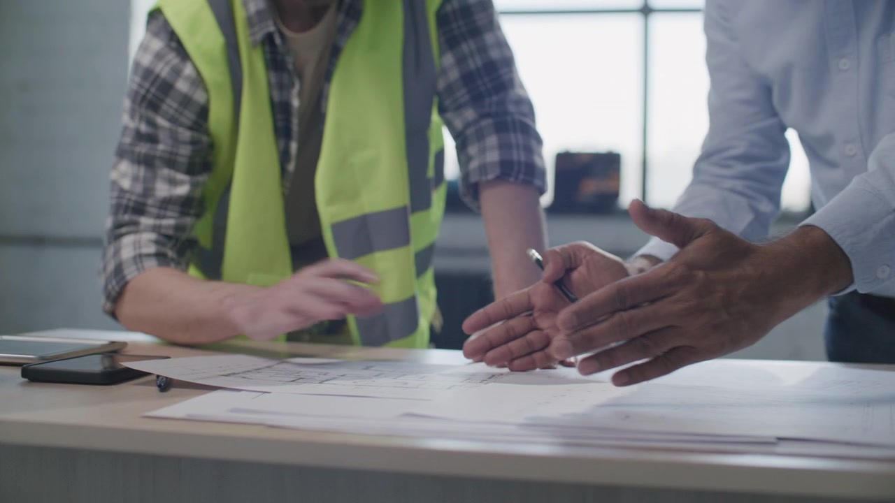 Close Up of Site Foreman and Architect Discussing Floor Plan Details