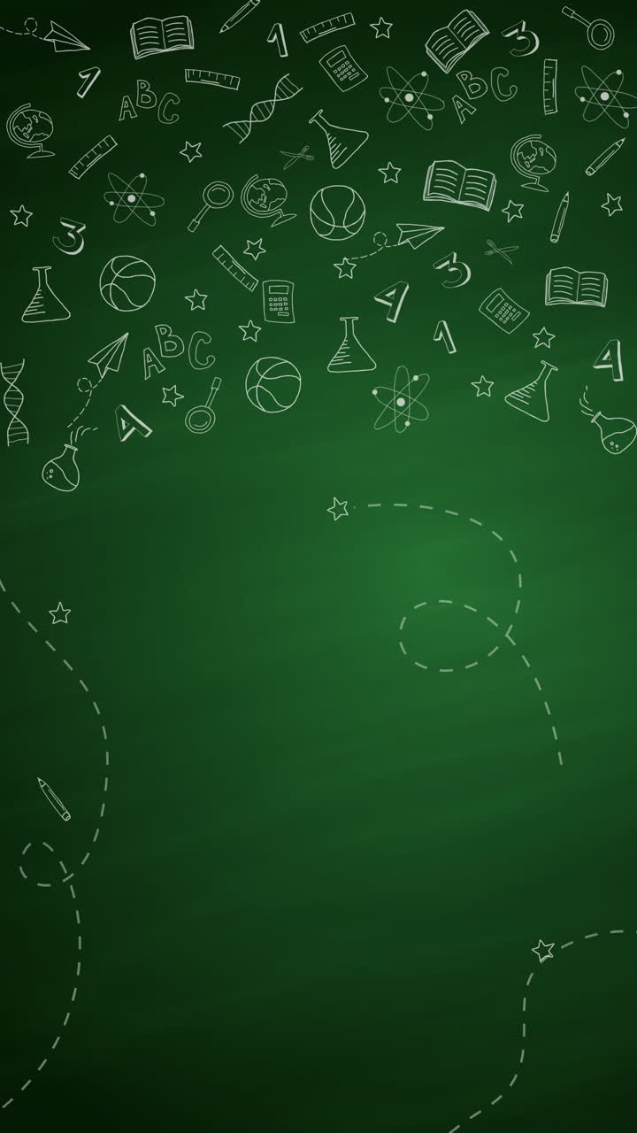 Set of school icons on green chalkboard. Loop animation. Vertical video.
