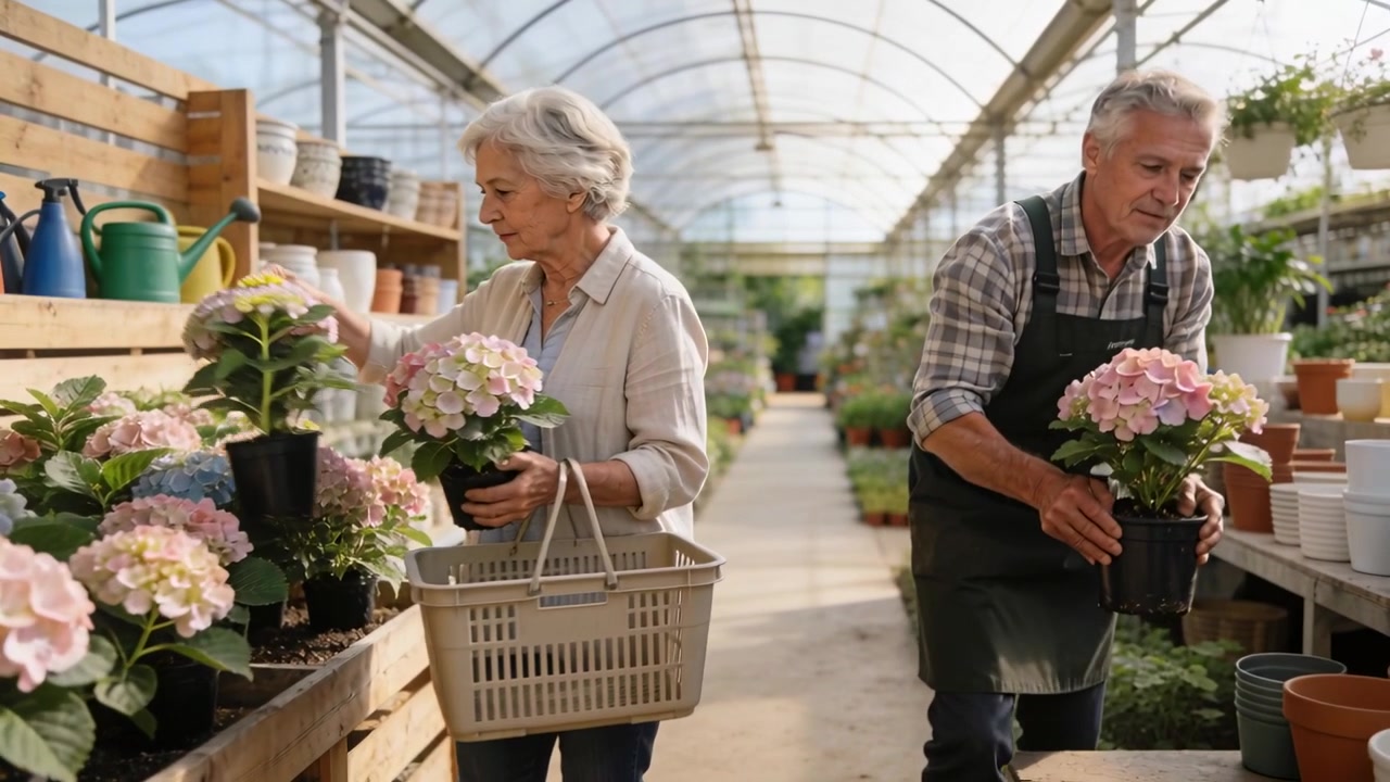Coppia anziana con cesto e grembiule che sceglie e allestisce ortensie rosa in serra, preparando l'esposizione.