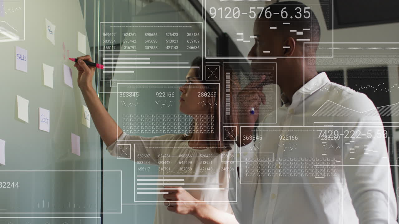Animation of graphs, loading bars and circles, diverse coworkers discussing reports on whiteboard