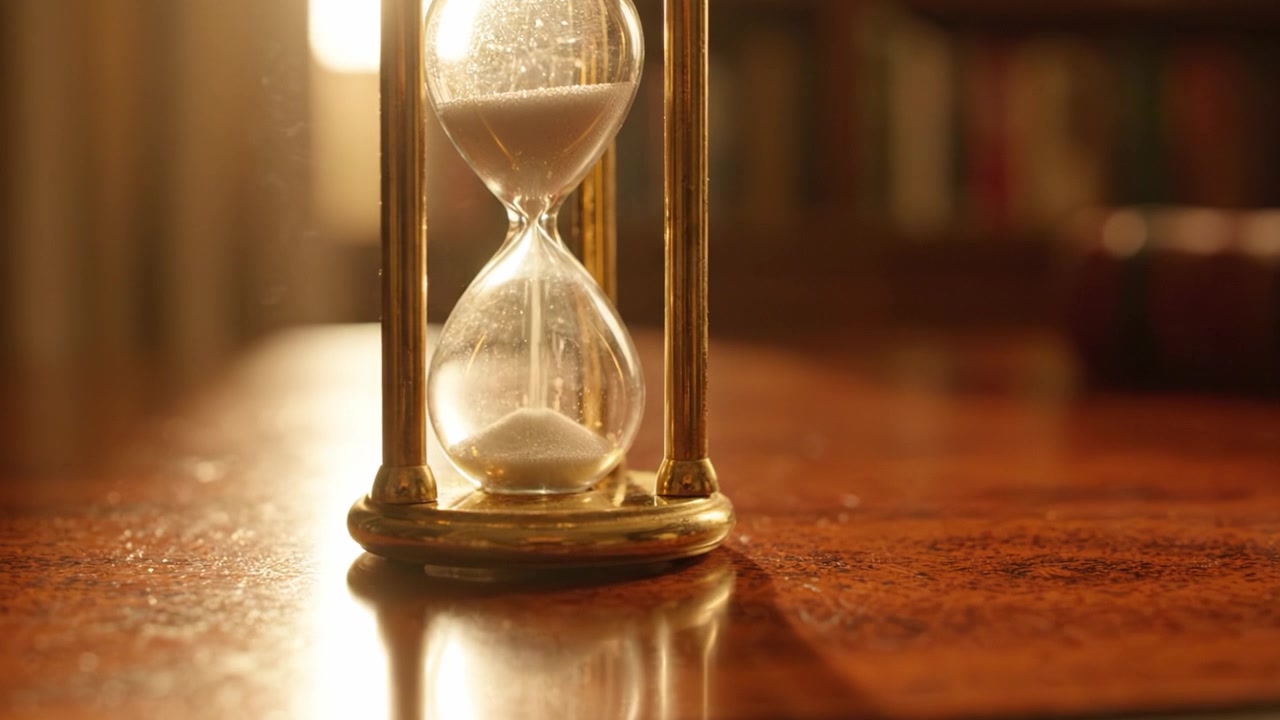 A Glimmering Hourglass Capturing Time's Passage on a Polished Surface, Symbolizing the Fleeting Nature of Moments and the Essence of Timekeeping in Focus