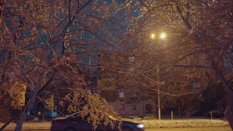 tree branches glisten under warm golden light from streetlamp while car with headlights on passes by, with residential building and snowy road in the background