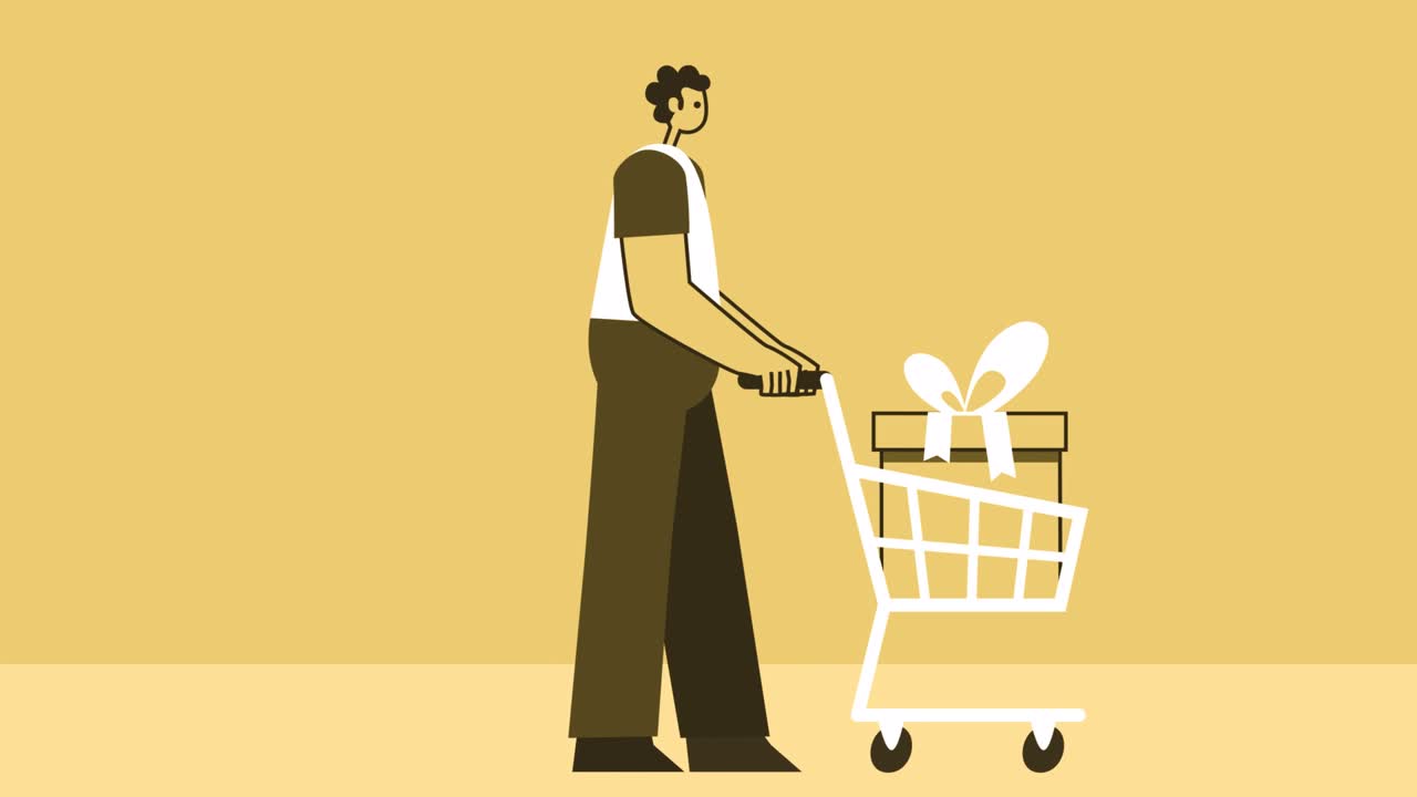 노란색 스타일의 남자 평평한 캐릭터는 쇼핑 카트에서 선물 상자를 가지고 고 있습니다. 알파 채널과 함께 고립된 루프 애니메이션