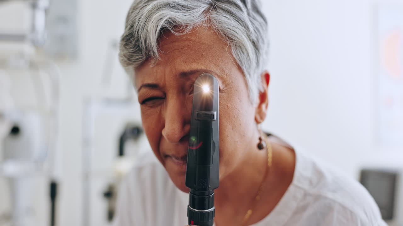 equipo de examen ocular, luz o rostro de mujer
