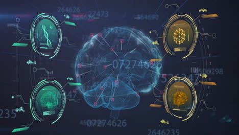 animación de la cadena de adn, el cerebro humano y el procesamiento de datos científicos.
