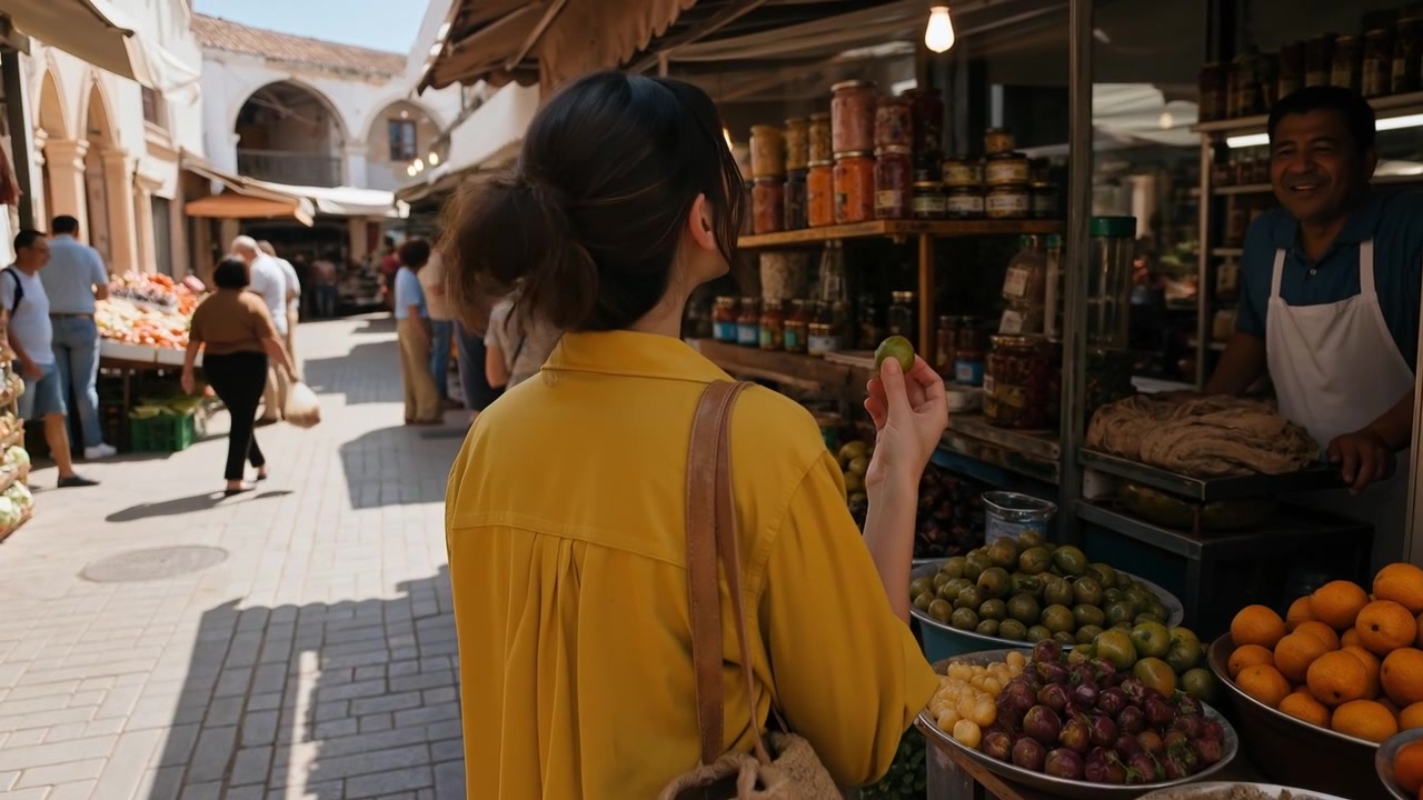 Young woman shopping for fresh produce at an open air traditional market