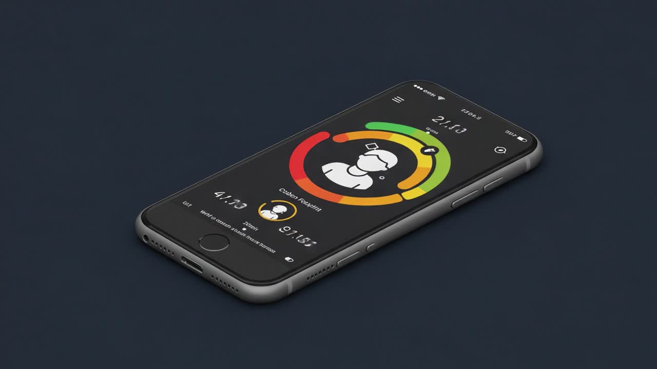 A Smartphone Displaying User Data Metrics with Color-Coded Feedback Circles, Indicating Performance Levels and Progress Monitoring In a Sleek Interface Design