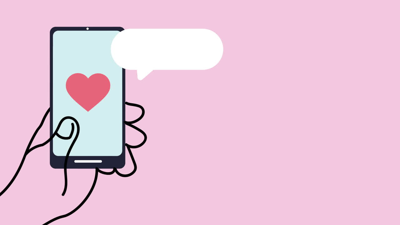 mano usando el teléfono inteligente con animación de aplicación romántica