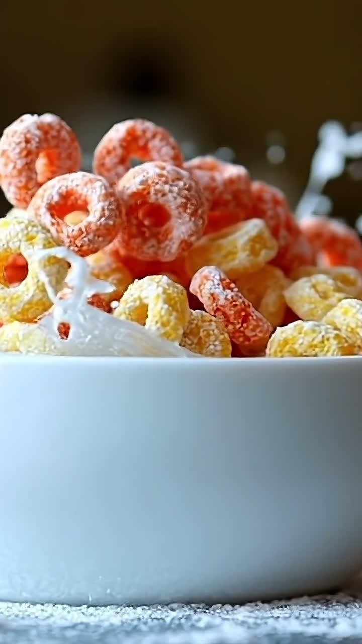 Colorful cereal splashing in a bowl. Colorful cereal splashes into a bowl filled with milk, creating a playful breakfast scene in a kitchen setting.