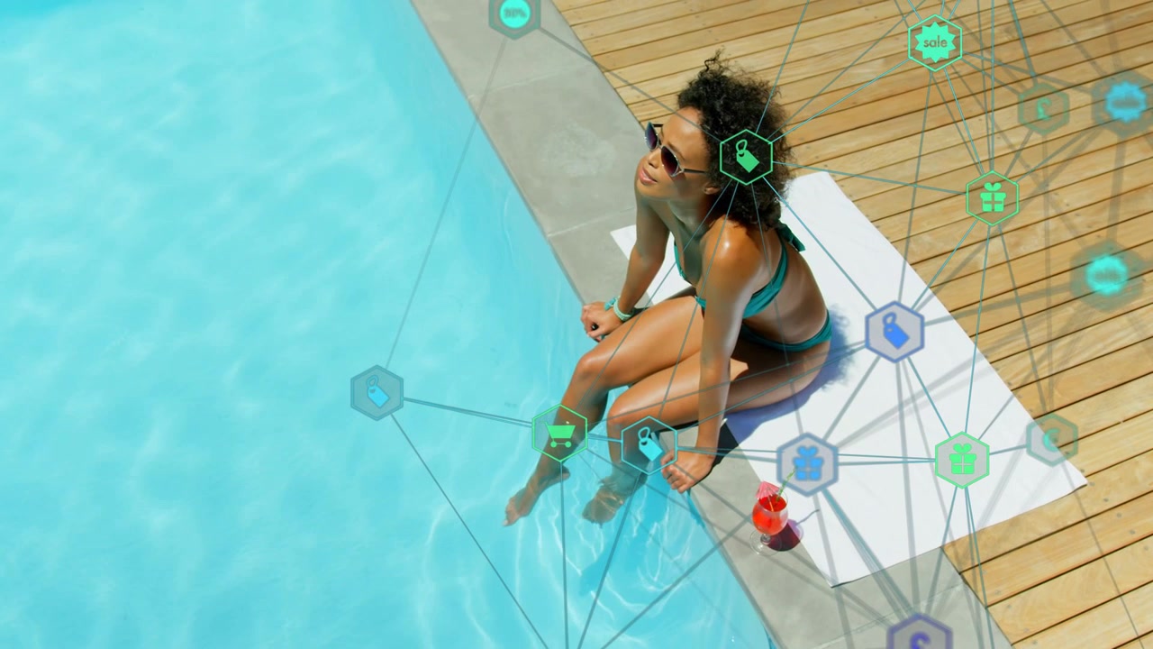 Adult woman leaning back at pool edge, sun warming, aiding rest, tech network icons remaining fixed