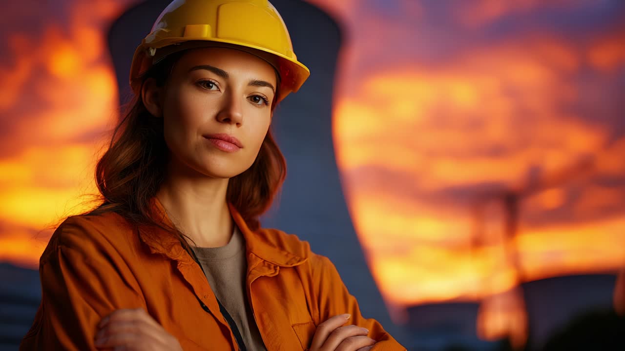 Una donna sicura di sé con indumenti protettivi posa a braccia conserte sullo sfondo di un tramonto spettacolare, che mette in risalto la sua forza e determinazione come professionista nel settore edile o ingegneristico.