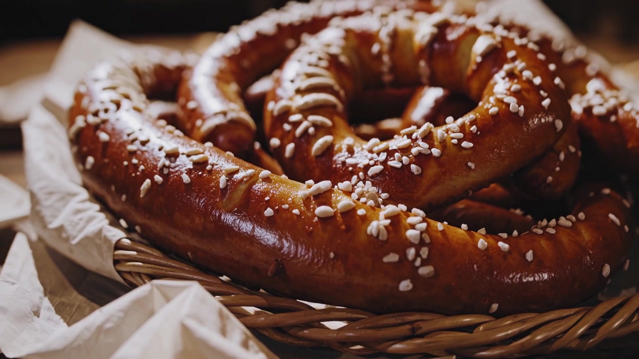 Lähikuva suuresta baijerilaisesta suolapretzelistä puupöydällä