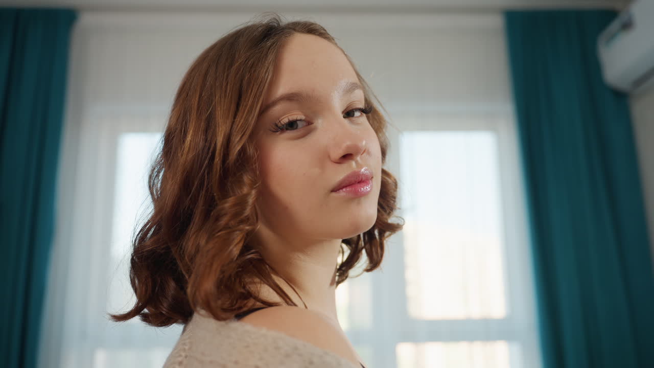 Young Person Displays Cheerful Hairstyle Confident, Adolescent Shows Off Bright New Haircut With Happy Smile, Teenager Confidently Revealing Stylish Haircut While Smiling Broadly And Happily