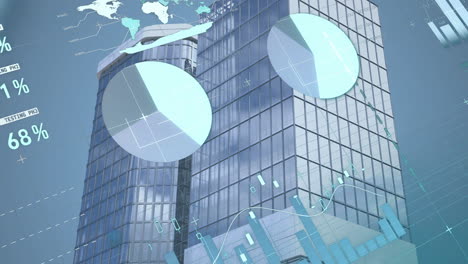 animation of financial data processing over modern office buildings