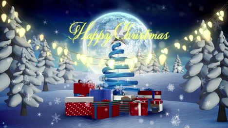 Animation-of-happy-holidays,-christmas-lights-and-presents-in-night-winter-landscape