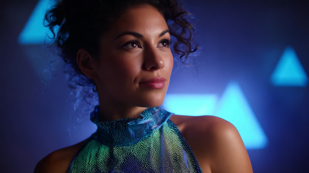 An Ethereal Portrait: Capturing the Grace and Elegance of a Woman in a Stunning Blue and Green Outfit Radiating Confidence Against a Softly Lit Background of Dynamic Geometric Shapes