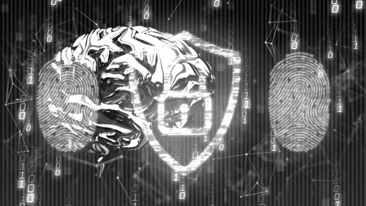 Animation of digital brain and fingerprint with binary code for cybersecurity concepts
