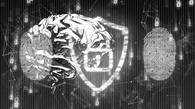 Animation af digital hjerne og fingeraftryk med binær kode til cybersikkerhedskoncepter
