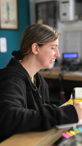 mujer trabajando en un escritorio