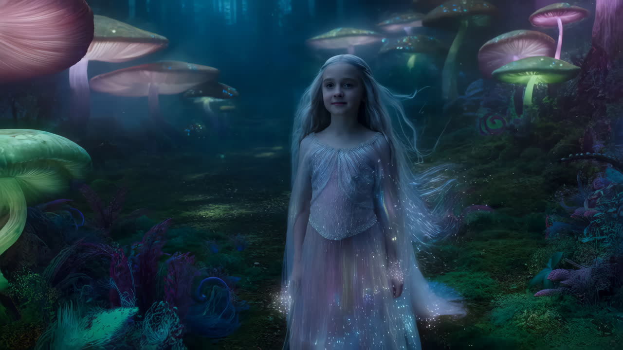 Ethereal Girl in a Magical Glowing Mushroom Forest