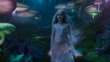 ethereal girl in a magical glowing mushroom forest