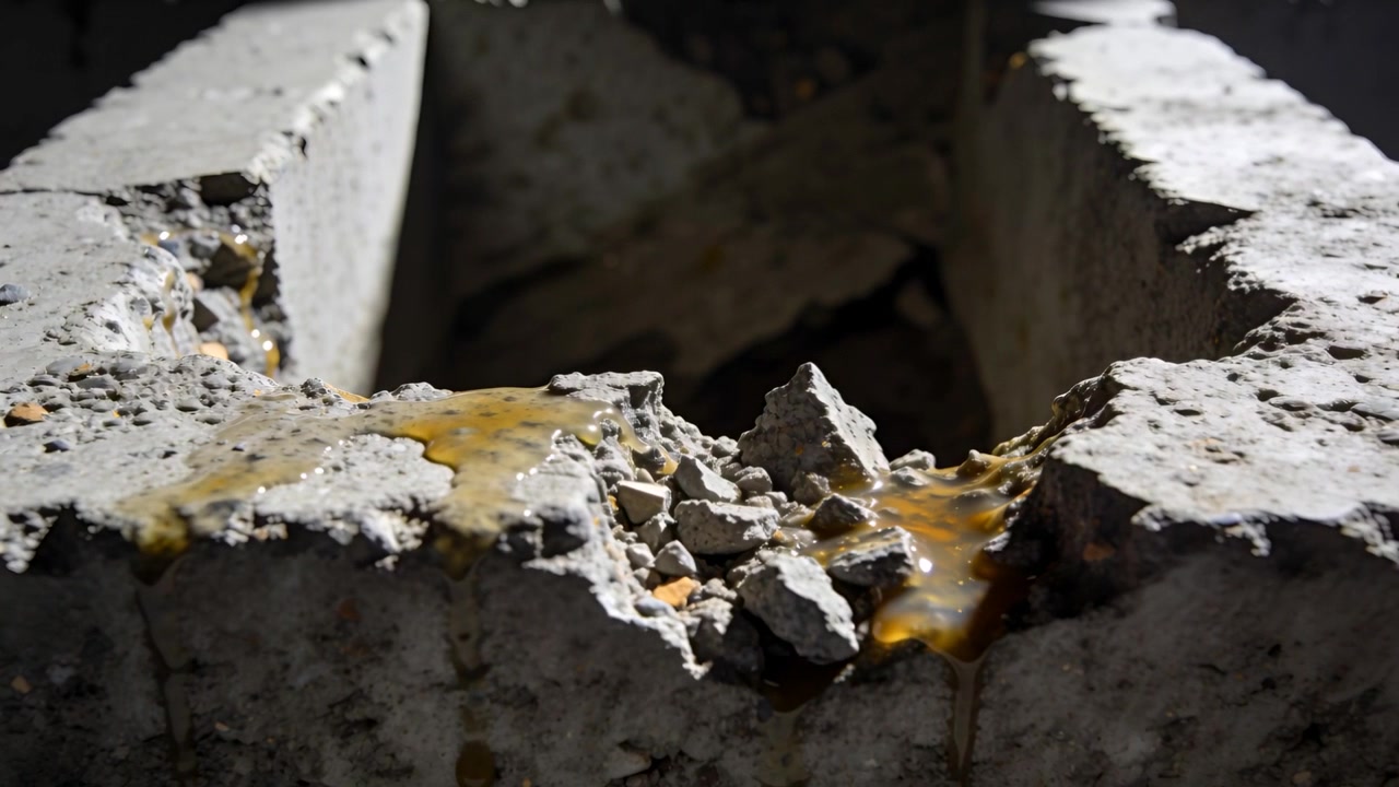 Opstapelende amberkleurige vloeistof verspreidt zich over gebroken betonnen rand bij schemerig kanaal, kanaliseert in schacht.