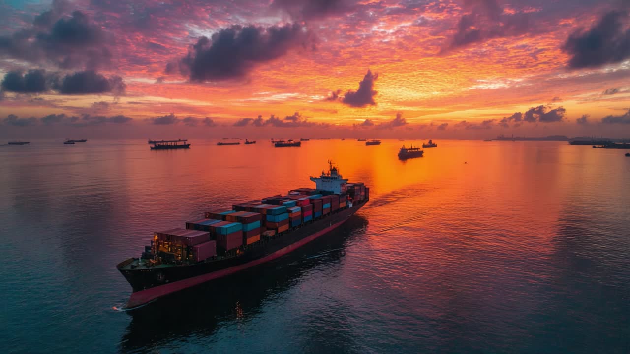 A Majestic Container Ship Navigating Through Tranquil Waters at Sunset, Surrounded by Vivid Skies and Silhouetted Cargo Vessels, Capturing Serenity and Movement