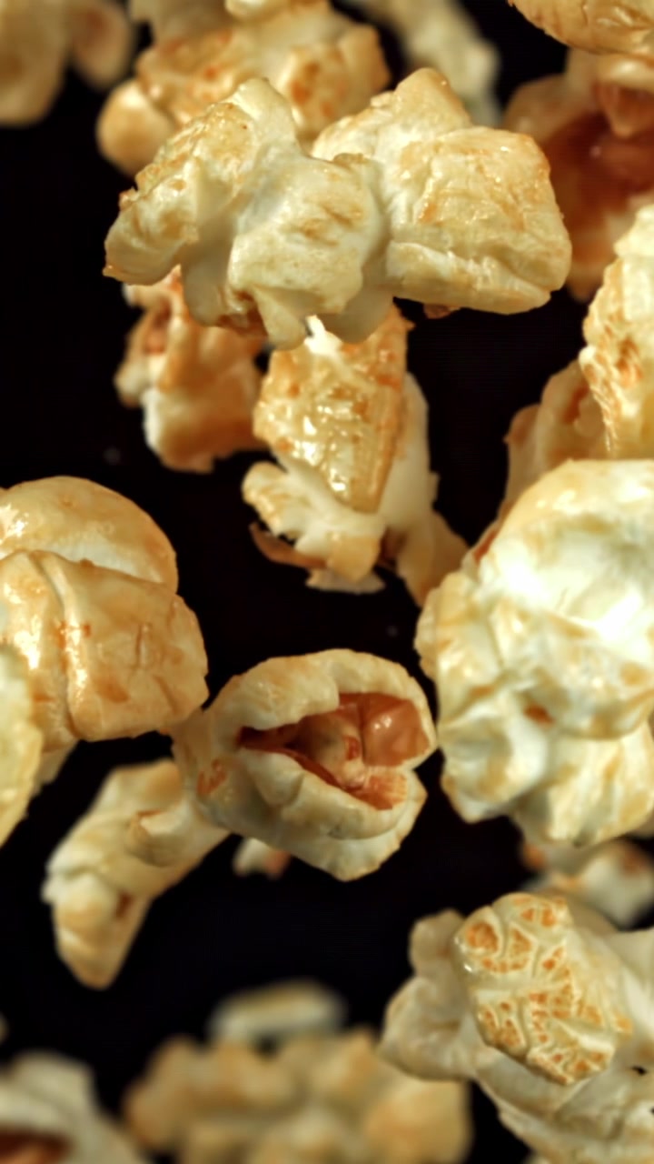 Popcorn dorato che cade al rallentatore su sfondo nero