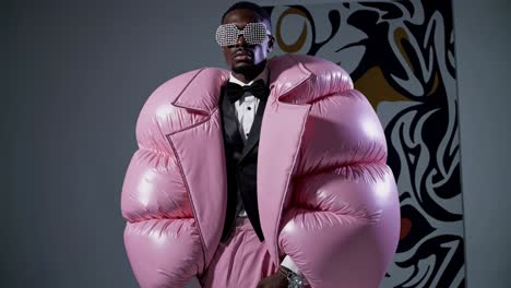 stylish male model showcasing an extravagant, oversized, bubblegum pink inflatable suit, paired with a classic black tuxedo and futuristic sunglasses, against a backdrop of modern art