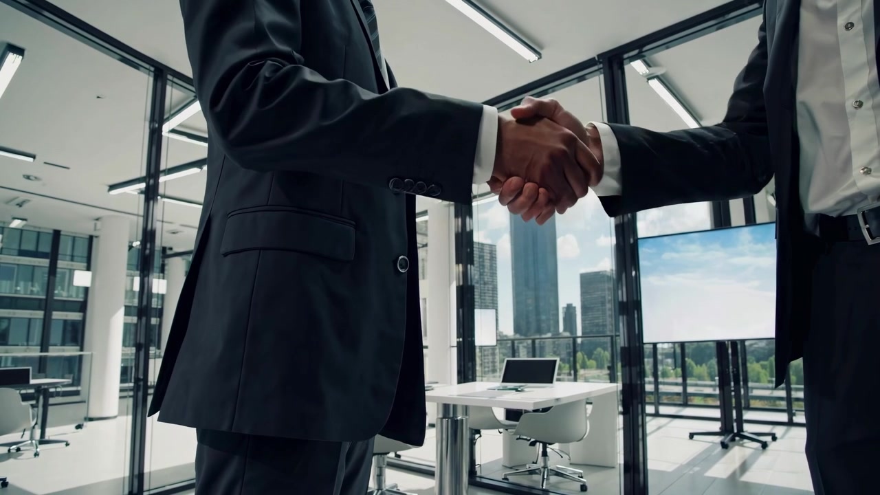 Due uomini d'affari che si stringono la mano in un ufficio moderno