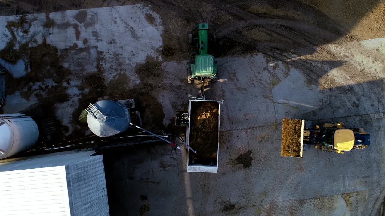 Inquadratura dall'alto con drone di una pala caricatrice che carica un vagone per bestiame mentre gli agricoltori svolgono le loro mansioni mattutine quotidiane dando da mangiare al bestiame
