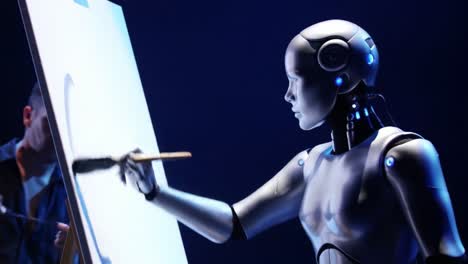 a cutting-edge robot artist skillfully creates stunning masterpieces on canvas, blurring the lines between technology and human creativity in a captivating artistic display