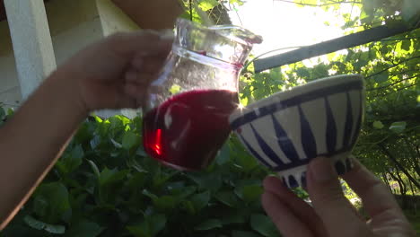 pouring red wine outdoors