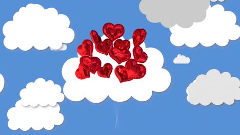 digital animation of bunch of red heart shaped balloons against clouds icons on blue background