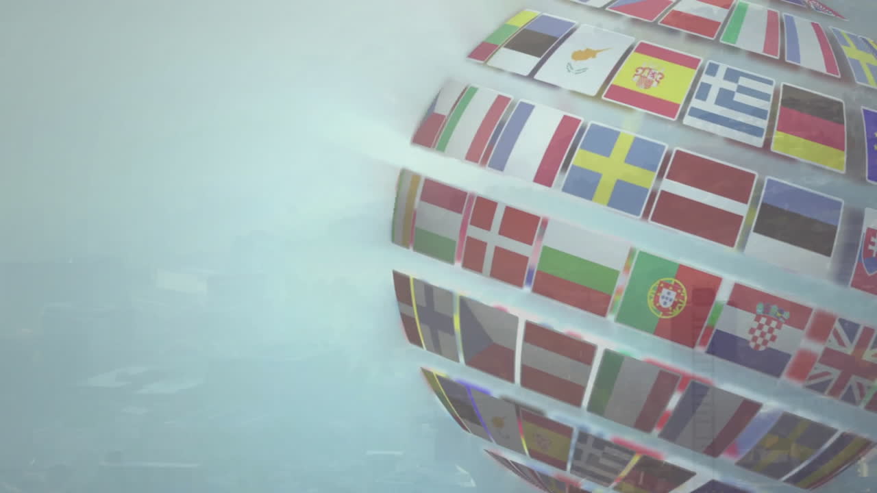 globo giratorio con animación de banderas internacionales sobre un fondo azul claro