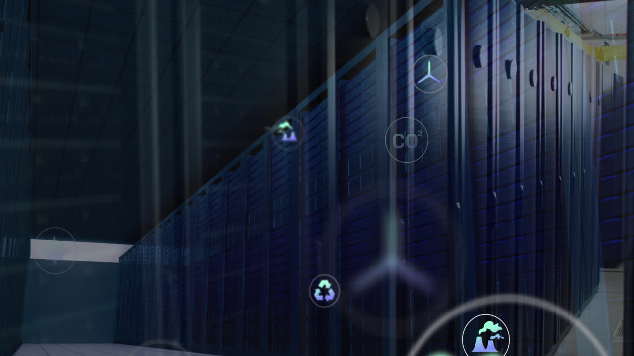 디지털 아이콘의 애니메이션과 컴퓨터 서버를 통한 데이터 처리