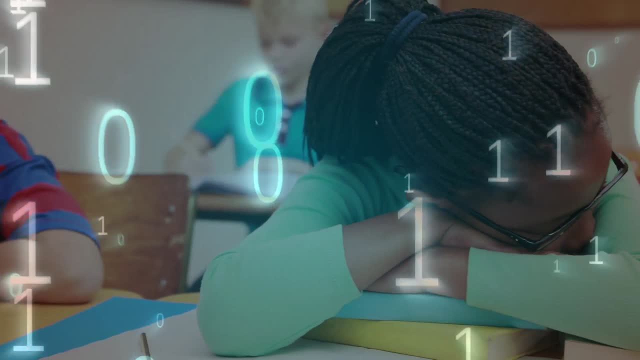 Animation of binary code over african american girl sleeping on desk at school