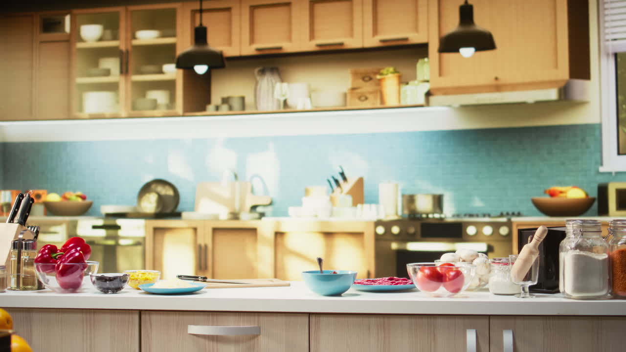 Empty kitchen island arranged with pizza essential such as flour