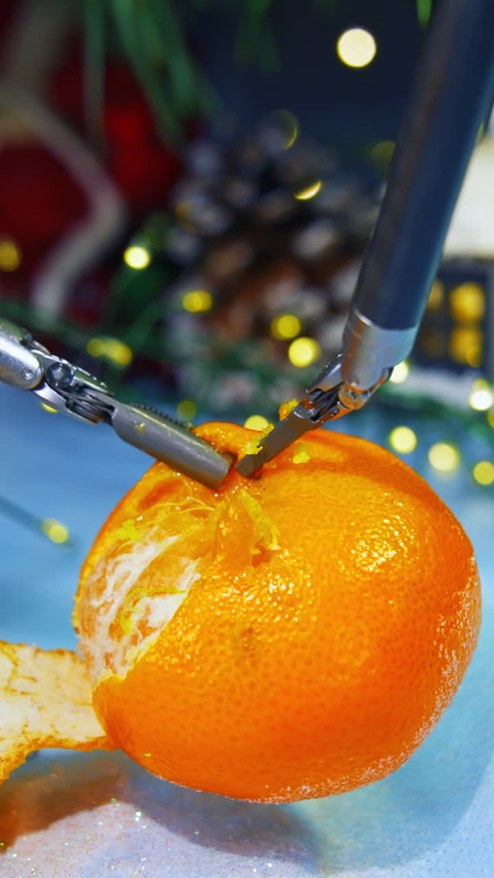Human like robot peels tangerine while preparing to the Christmas. Cropped view. Computers concept. Vertical video
