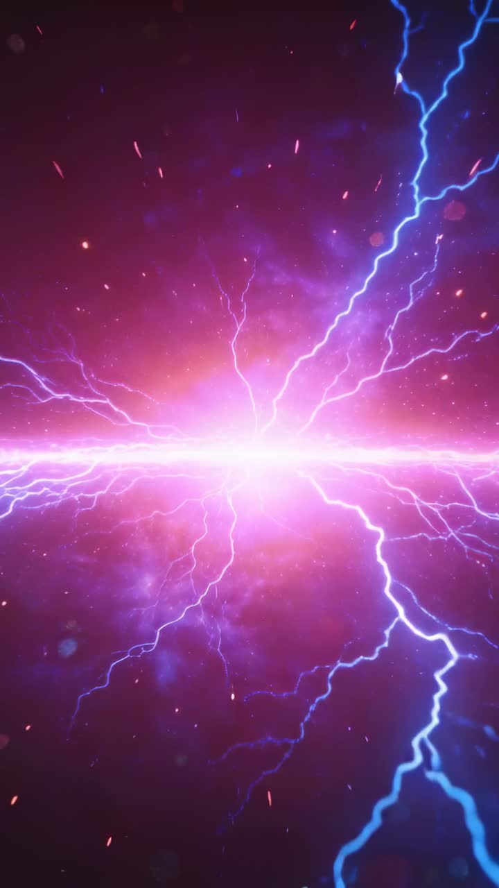Un raggio rosa-viola pulsante mentre un fulmine blu si inarca dall'alto a destra, generando ramificazioni radiali per la tecnologia.