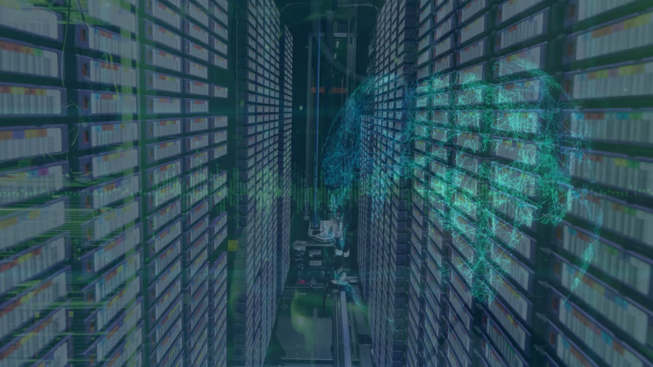 Animation of data processing over spinning globe against computer server room