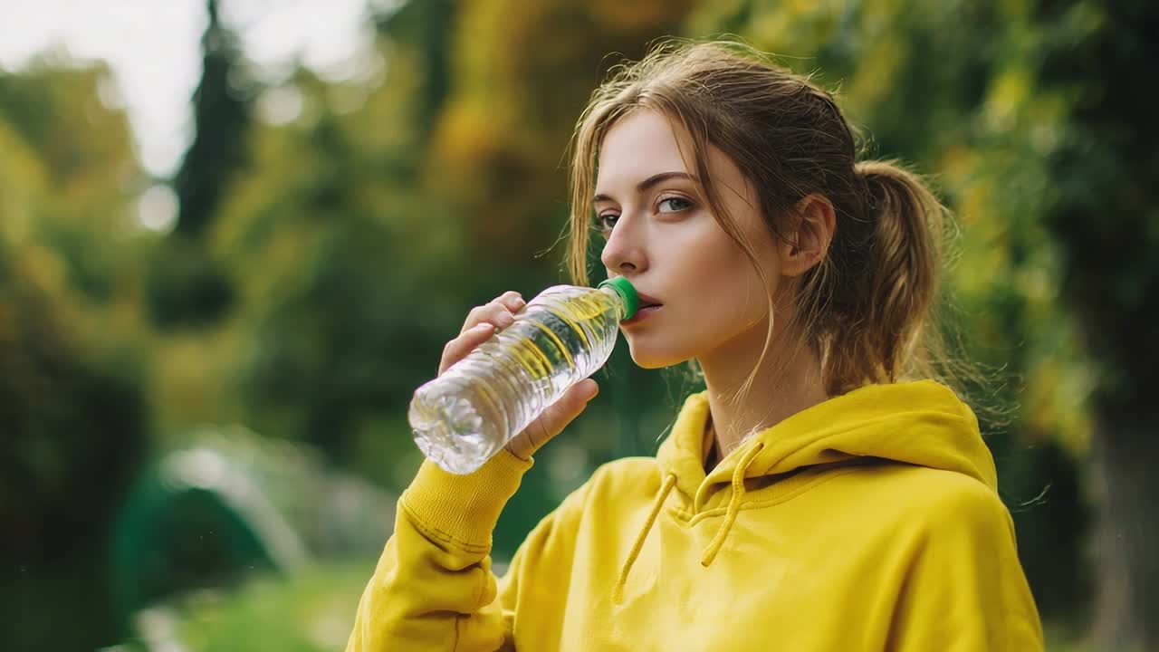 Young woman enjoying water in a sunny park setting