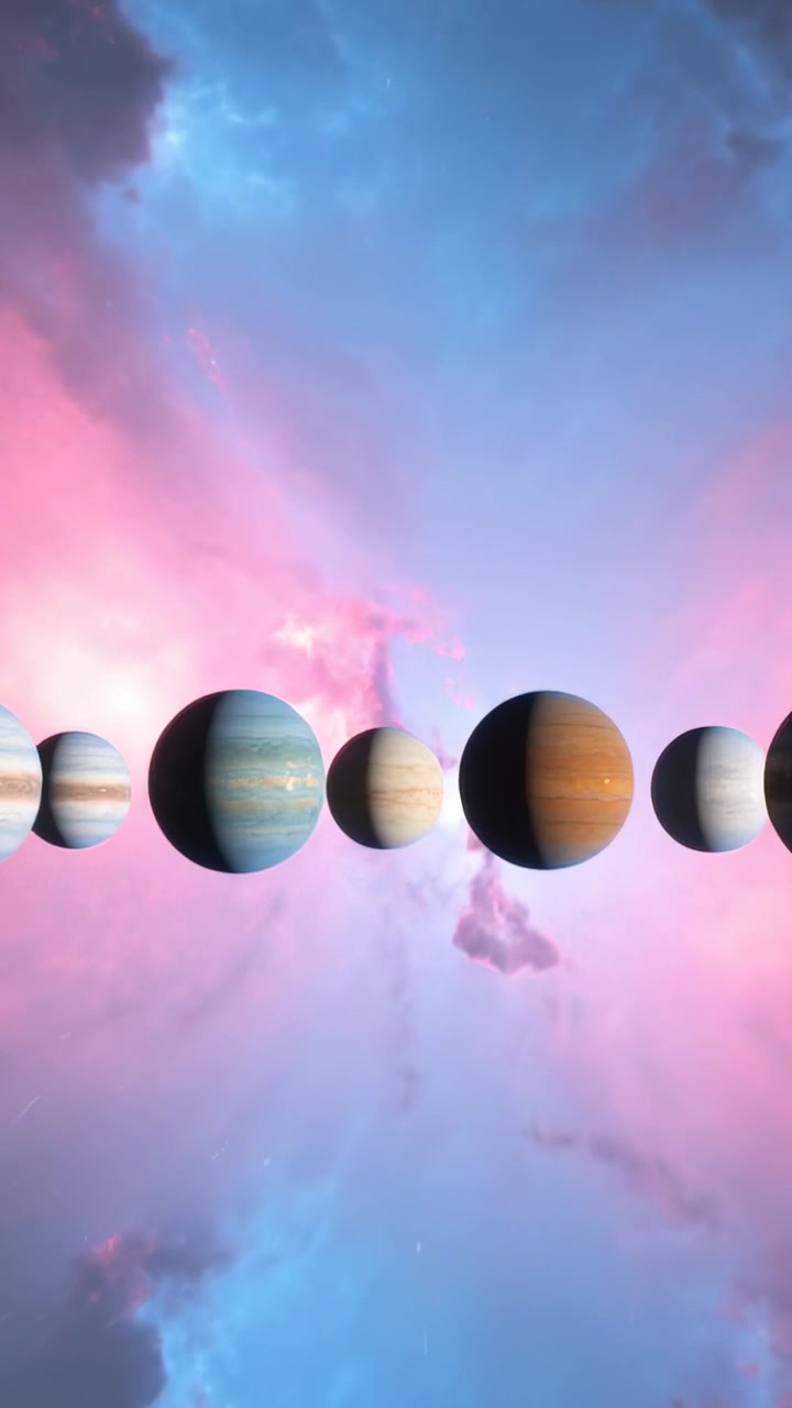 Vertical video: Light rising behind right planet, planets shifting color in space, nebula forming