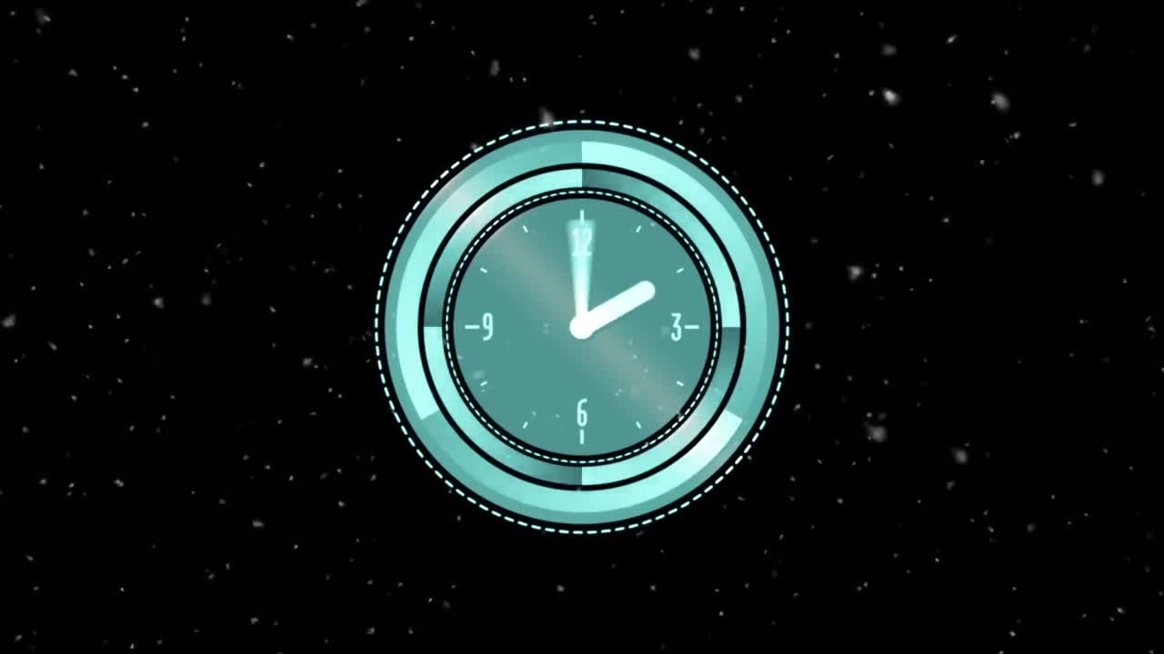 animación de puntos blancos en movimiento y reloj sobre fondo negro