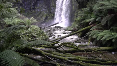 bottom of waterfall streaming into rocky river